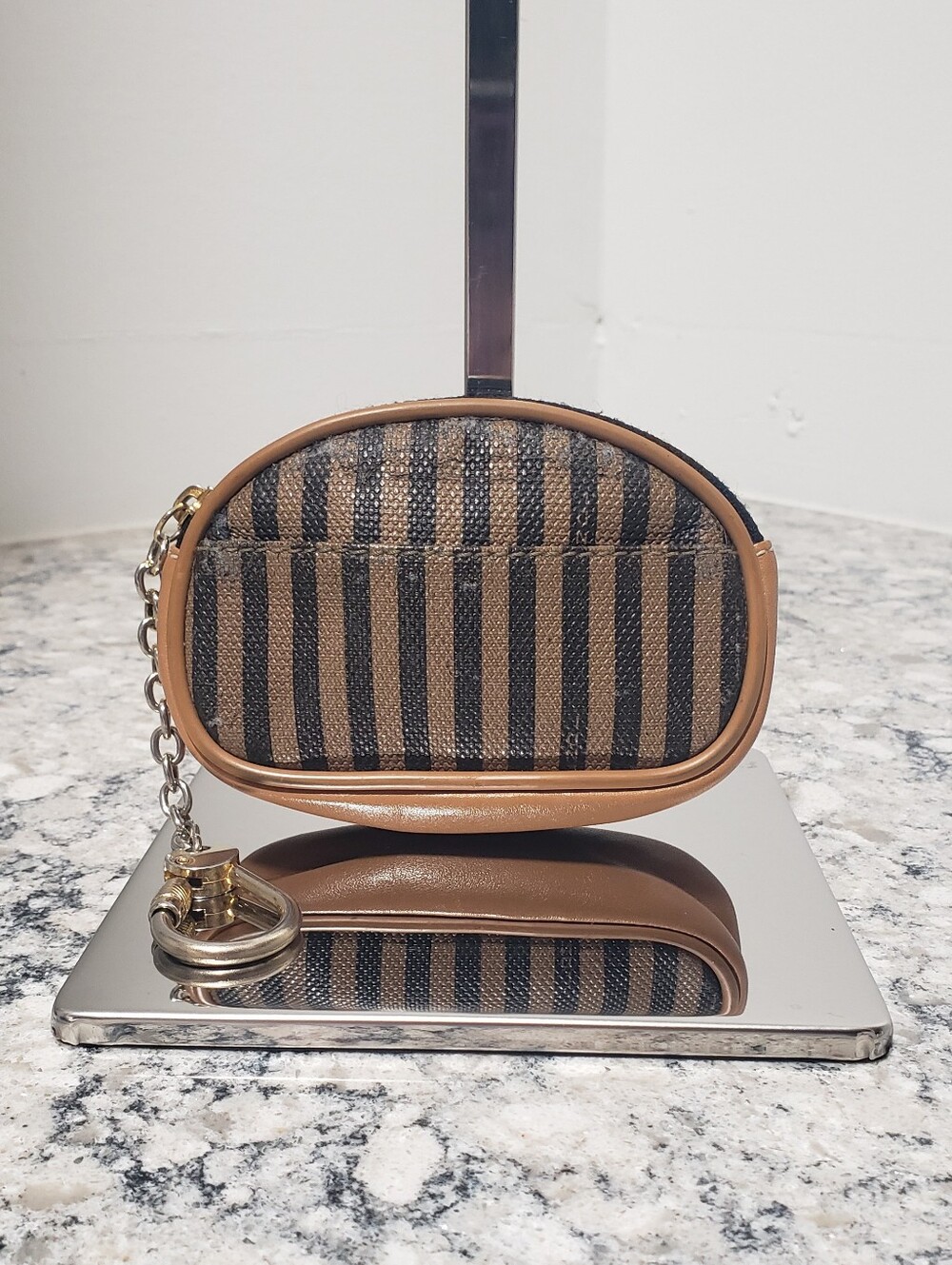 Fendi Vintage Pequin Pattern Oval Coin Pouch Keychain